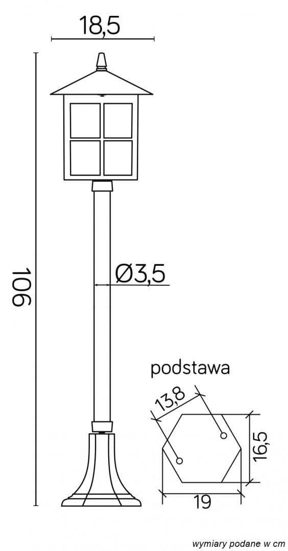 Lampa stojąca ogrodowa Wenecja H106, czarna, o wysokości 106 cm i średnicy podstawy 19 cm. Ma sześciokątną podstawę, prostą stalową rurę oraz klosz z czterema oknami, zakończony stożkowym dachem.