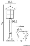 Czarna lampa stojąca ogrodowa Wenecja H76, 1-punktowa, z dachem w kształcie ostrosłupa. Wymiary: wysokość 76 cm, podstawa sześciokątna o średnicy 19 cm. Widoczne okna w kloszu oraz dekoracyjna podstawa.