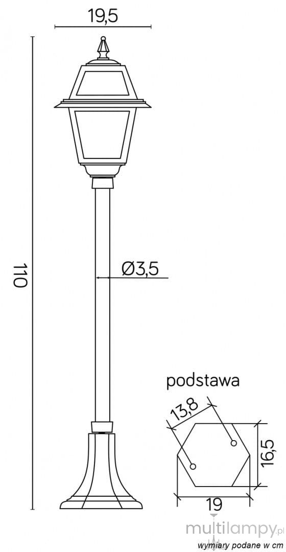 Czarna lampa stojąca ogrodowa Witraż H110, 1-punktowa, o wysokości 70 cm. Ma ośmiokątną podstawę o wymiarach 19 cm i detalowany klosz z geometrycznym wzorem, umieszczony na smukłym słupku. Wymiary klosza: 19,5 cm szer. i 3,5 cm średnicy.