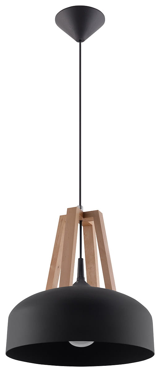 Lampa wisząca Casco 1-punktowa w kolorze czarnym z naturalnym drewnem. Posiada okrągły klosz i drewnianą podstawę w kształcie trójnogu. Ujęcie z przodu, produkt zawieszony na cienkim kablu. Idealna do nowoczesnych wnętrz.