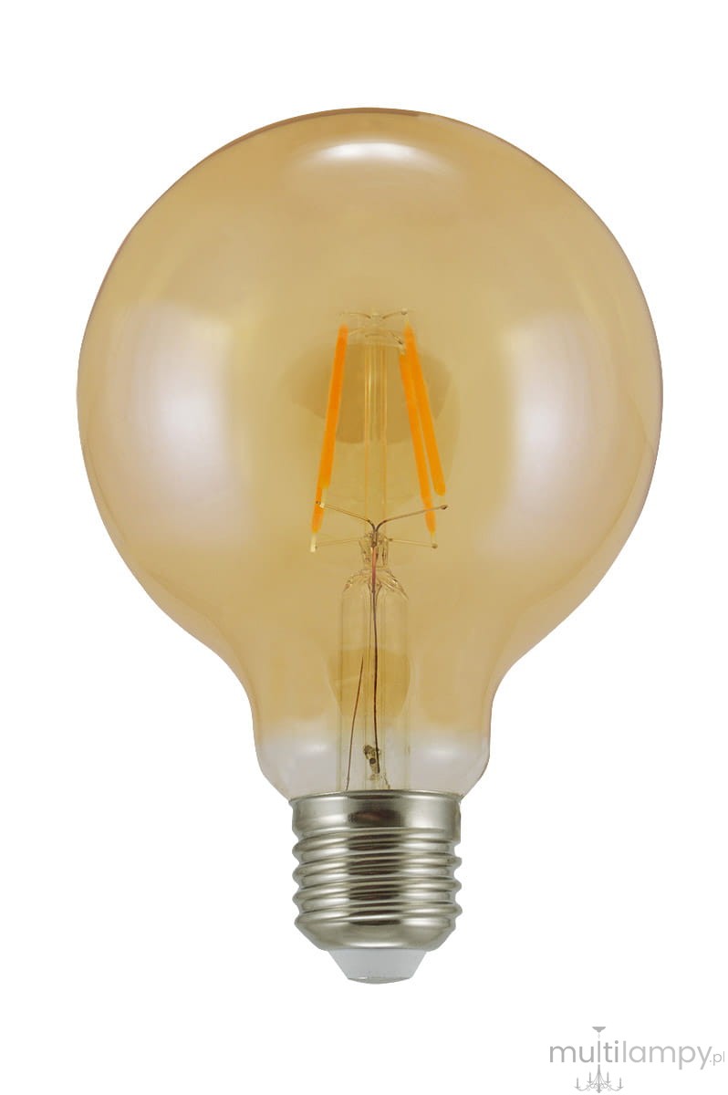 Żarówka LED Globe G95 E27 o mocy 4W i ciepłej barwie 2000K. Posiada okrągły kształt, przezroczystą, bursztynową powłokę oraz widoczne żarniki w kształcie prostokątnym. E27 gwint metalowy, stojący na jasnym tle.