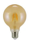 Żarówka LED Globe G95 E27 o mocy 4W i ciepłej barwie 2000K. Posiada okrągły kształt, przezroczystą, bursztynową powłokę oraz widoczne żarniki w kształcie prostokątnym. E27 gwint metalowy, stojący na jasnym tle.