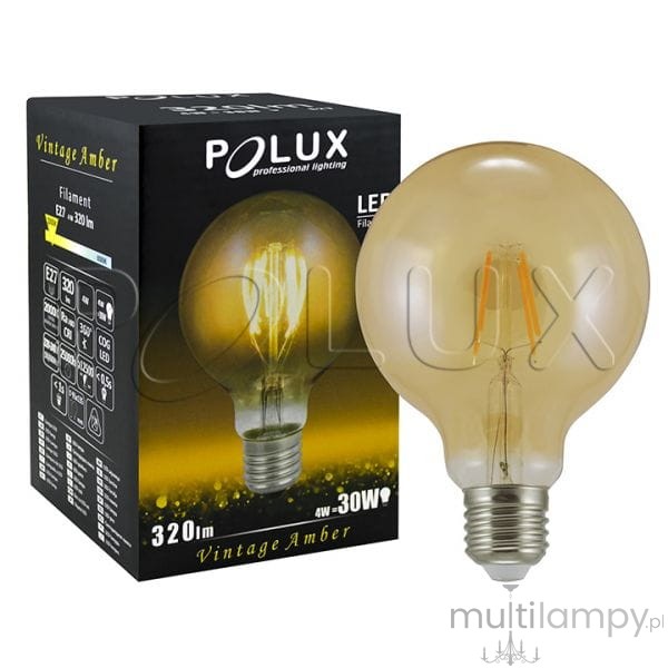 Żarówka LED Globe G95 E27 o mocy 4W, emitująca ciepłe światło w kolorze bursztynowym (2000K). Okrągła, przezroczysta kula z widocznym filamentem, umieszczona obok czarnego opakowania z logo POLUX i informacjami technicznymi.