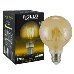 Żarówka LED Globe G95 E27 o mocy 4W, emitująca ciepłe światło w kolorze bursztynowym (2000K). Okrągła, przezroczysta kula z widocznym filamentem, umieszczona obok czarnego opakowania z logo POLUX i informacjami technicznymi.