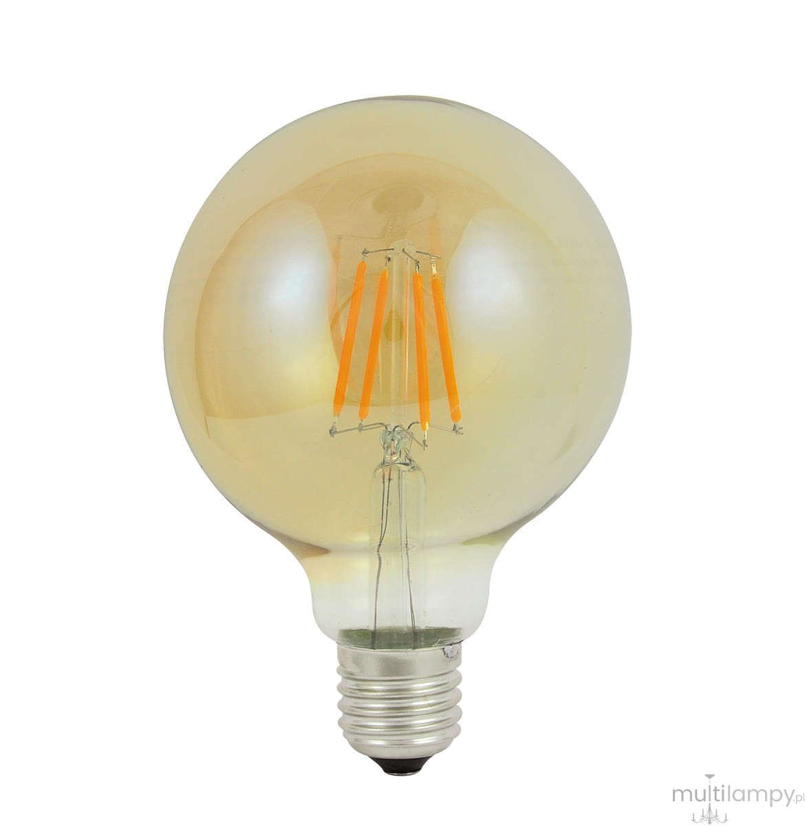 Żarówka LED Globe G95 E27 o mocy 4W i barwie światła 2000K w kolorze bursztynowym. Okrągła, przezroczysta szklana obudowa z widocznymi żarnikami w kształcie prostokątów. Ujęcie frontalne, produkt stoi na płaskiej powierzchni.