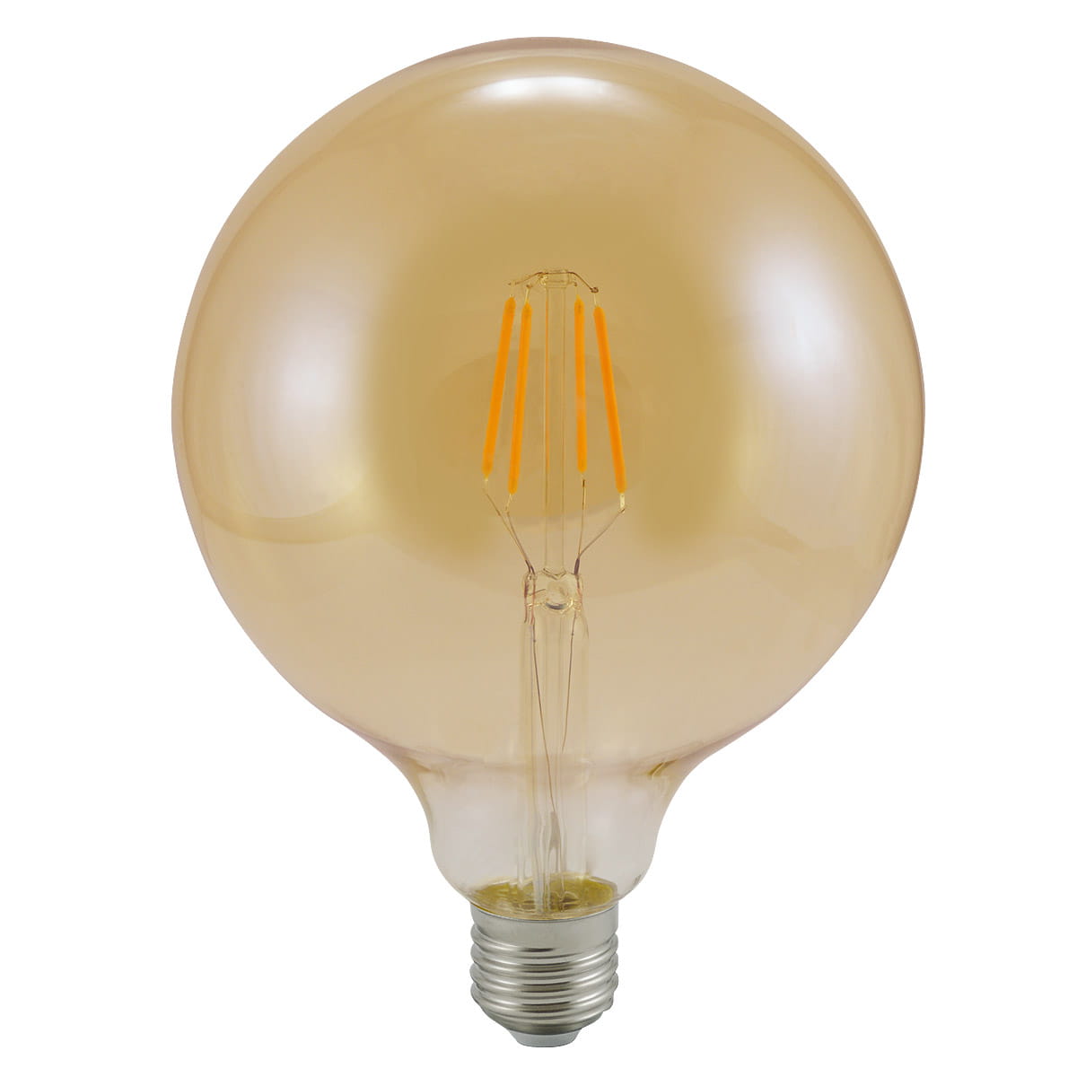 Żarówka LED Globe G125 E27 o mocy 4W i ciepłej barwie światła 2000K, z przezroczystą, kulistą, bursztynową obudową. Widoczne żarniki w kształcie linii, gwint E27 na dole, w pozycji stojącej, na jednolitym tle.