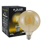 Żarówka LED Globe G125 E27 o mocy 4W i barwie światła 2000K. Amberowa, okrągła kula z widocznym filamentem. W zestawie z czarnym opakowaniem z logo POLUX i informacjami o parametrach.