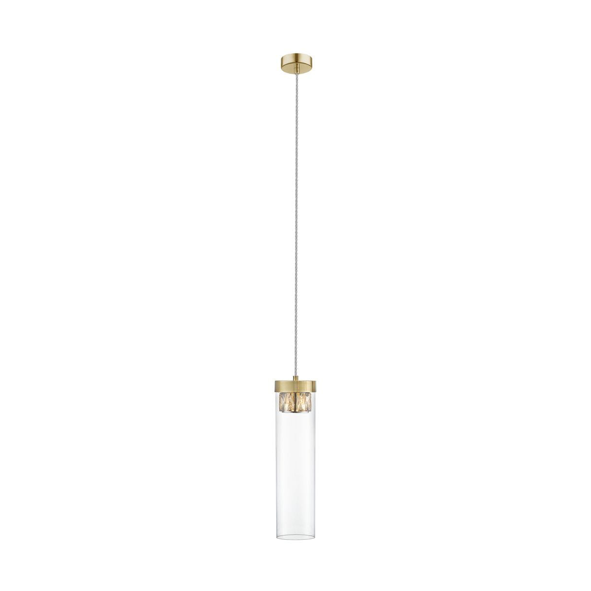 Lampa wisząca Gem w antycznym brązie, jednopunktowa, z przezroczystym szklanym kloszem o cylindrycznym kształcie. Zawieszona na długim, metalowym przewodzie. Nowoczesny design idealny do różnych wnętrz.
