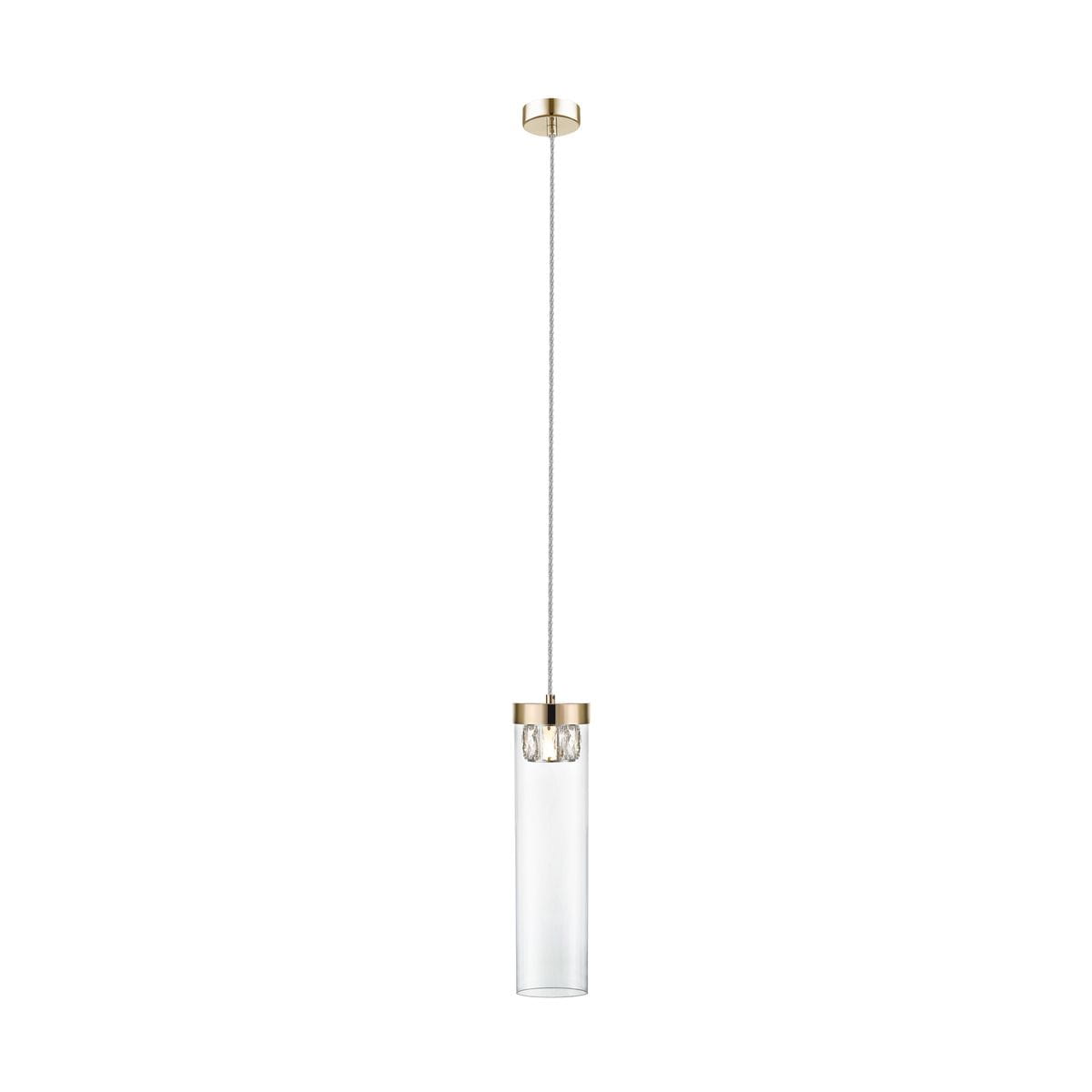 Lampa wisząca Gem 1-punktowa w kolorze złotym, z przezroczystym kloszem w kształcie walca. Zawieszona na cienkim, białym przewodzie. Złota oprawa z dekoracyjnymi detalami. Idealna do nowoczesnych wnętrz.