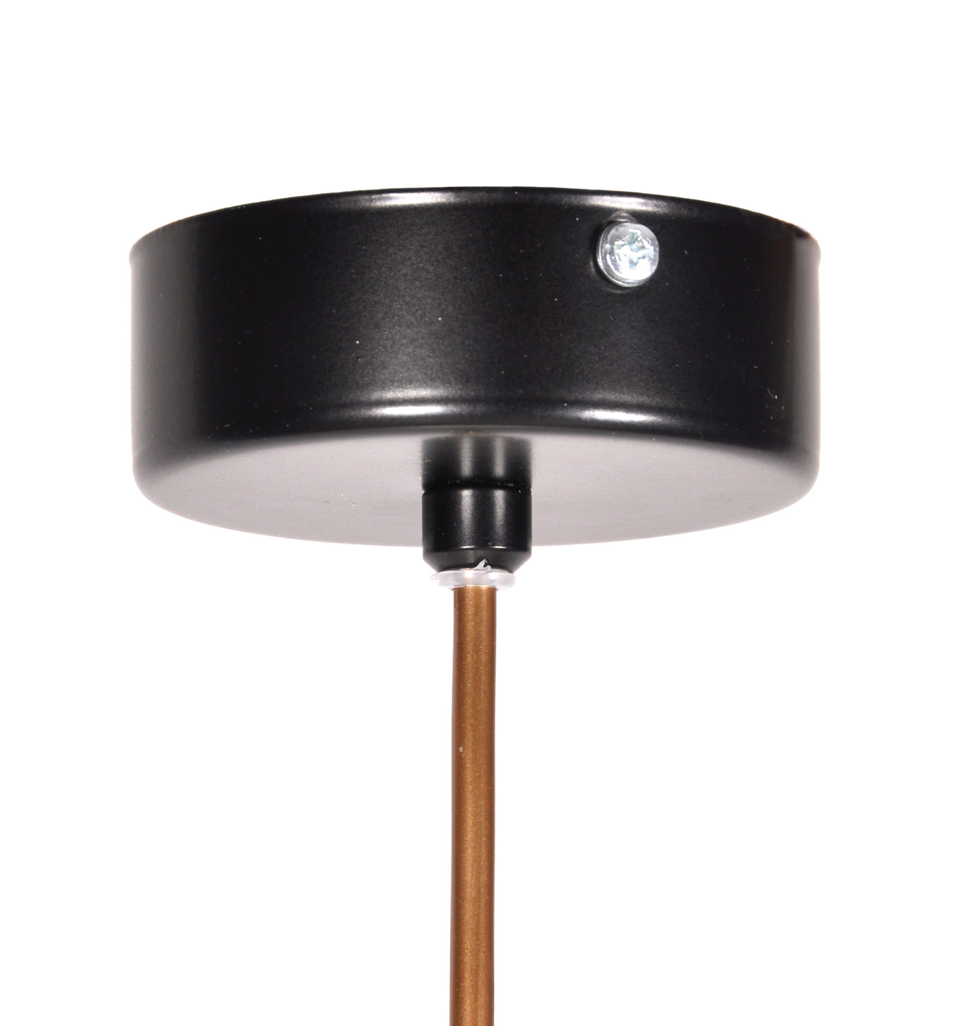 Czarna lampa wisząca Arvi K-4522, z trzema punktami świetlnymi, widok z dołu. Metalowy klosz z matową powierzchnią oraz brązowy przewód. Element montażowy widoczny na górze.