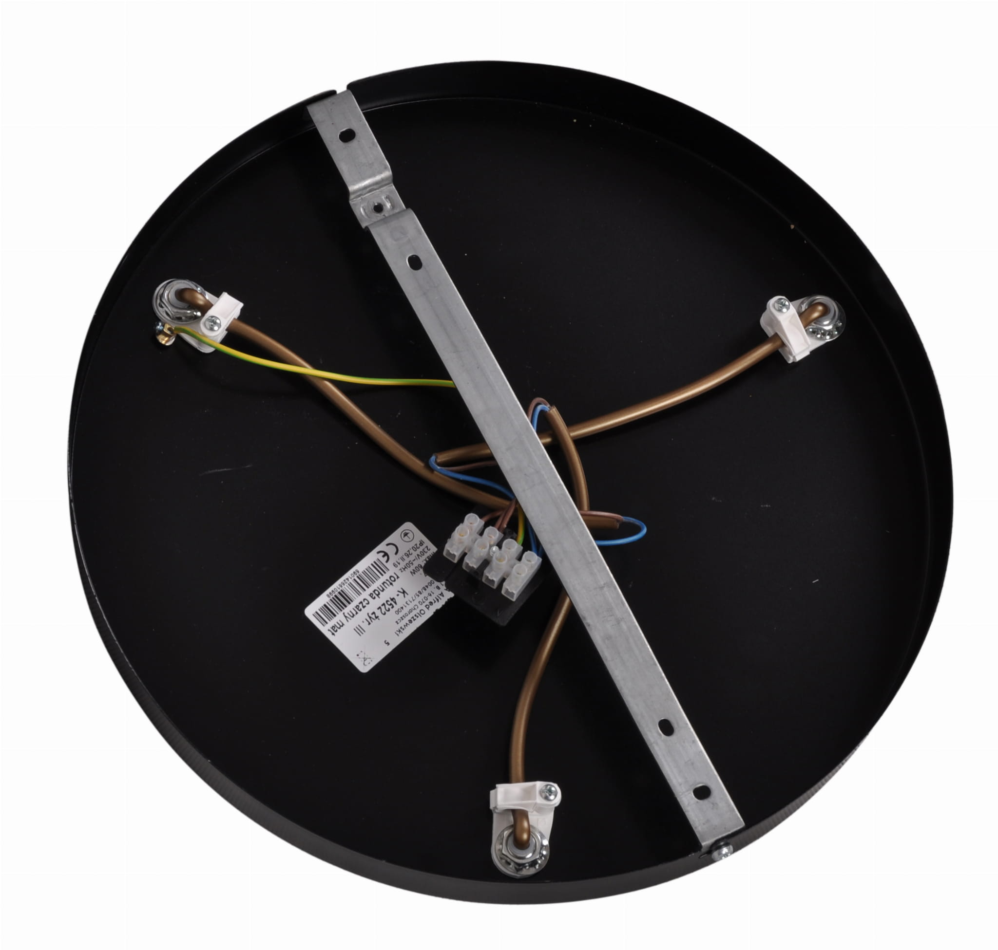Czarna lampa wisząca Arvi K-4522 z trzema punktami świetlnymi. Widok od spodu, z metalową ramą i przewodami elektrycznymi, na okrągłej podstawie. Elementy montażowe i kable w różnych kolorach są widoczne.