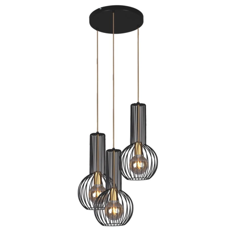 Lampa wisząca Arvi 3-punktowa w kolorze czarnym, składająca się z trzech metalowych kloszy w formie siatki, zawieszonych na złotych linkach. Klosze mają okrągły kształt, a w ich wnętrzu znajdują się żarówki. Montowana do sufitu.