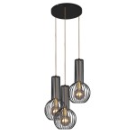 Lampa wisząca Arvi 3-punktowa w kolorze czarnym, składająca się z trzech metalowych kloszy w formie siatki, zawieszonych na złotych linkach. Klosze mają okrągły kształt, a w ich wnętrzu znajdują się żarówki. Montowana do sufitu.