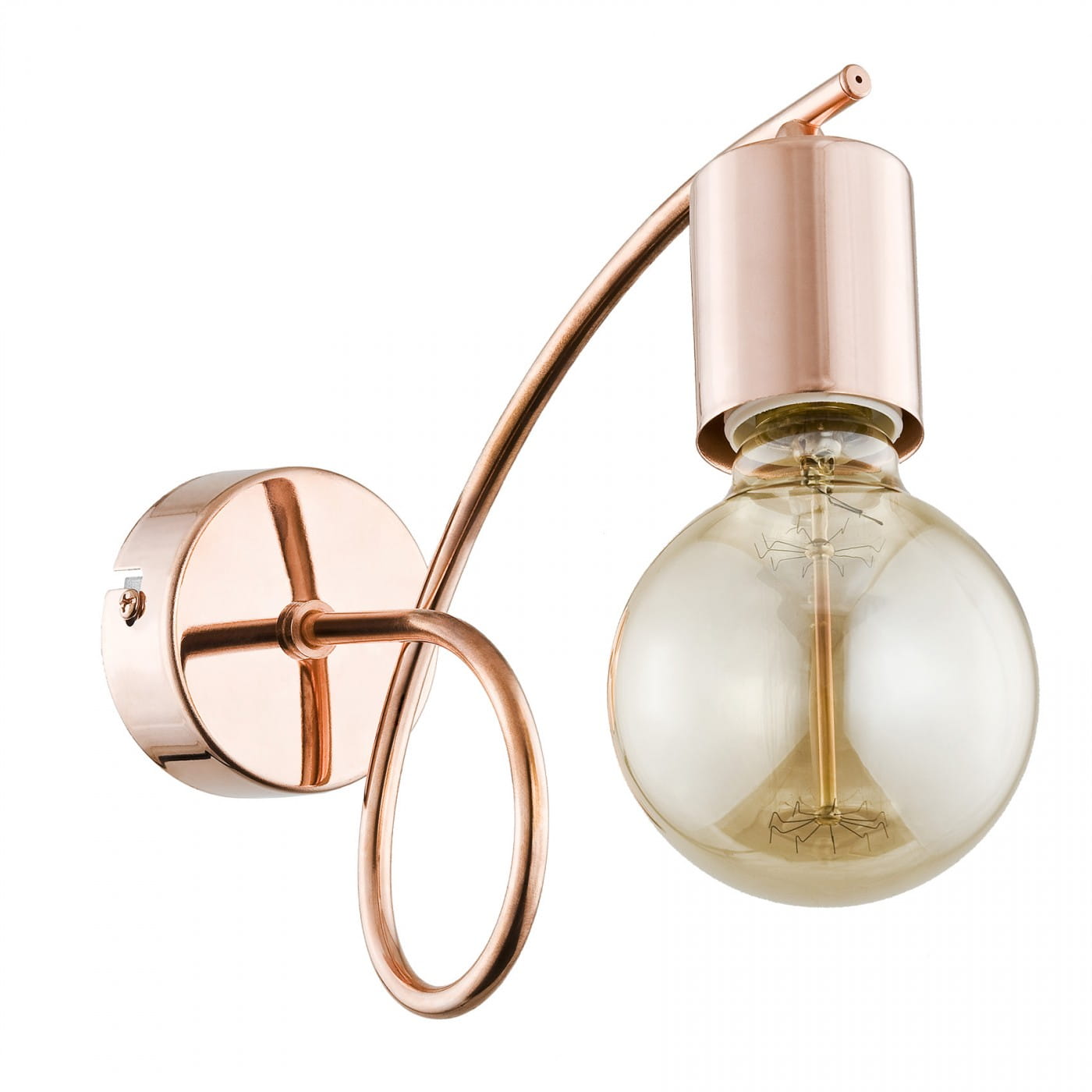 Kinkiet Tango 1-punktowy w kolorze miedzi. Okrągła podstawa z miedzi i elastyczne ramie prowadzące do okrągłej żarówki o przezroczystej kloszu. Styl minimalistyczny, idealny do nowoczesnych wnętrz.