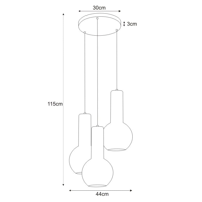 Lampa wisząca Arvi 3-punktowa w kolorze czarnym, o wysokości 115 cm i średnicy 44 cm. Posiada trzy szklane klosze w kształcie kulistym, zawieszone na cienkich linkach, montowana na okrągłej podstawie o średnicy 30 cm.