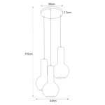 Lampa wisząca Arvi 3-punktowa w kolorze czarnym, o wysokości 115 cm i średnicy 44 cm. Posiada trzy szklane klosze w kształcie kulistym, zawieszone na cienkich linkach, montowana na okrągłej podstawie o średnicy 30 cm.