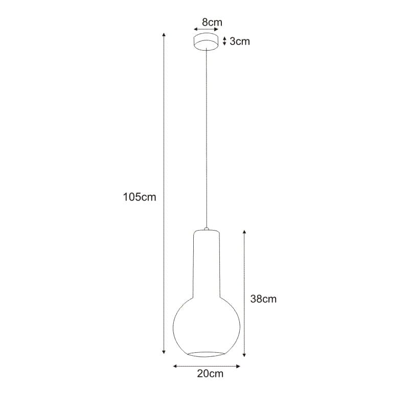Czarna lampa wisząca Arvi K-4520 o wysokości 105 cm i średnicy 20 cm. Kształt cylindryczny z kulistym kloszem, zawieszona na cienkim przewodzie. Wymiary montażu: sufitowa osłona 8 cm, wysokość 3 cm.
