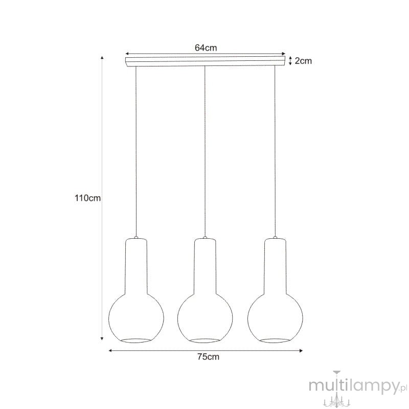 Lampa wisząca Arvi 3-punktowa w kolorze czarnym, z trzema okrągłymi kloszami, zawieszona na prostokątnej podsufitce. Wymiary: szerokość 64 cm, wysokość 110 cm, odstęp między kloszami 75 cm. Idealna do nowoczesnych wnętrz.