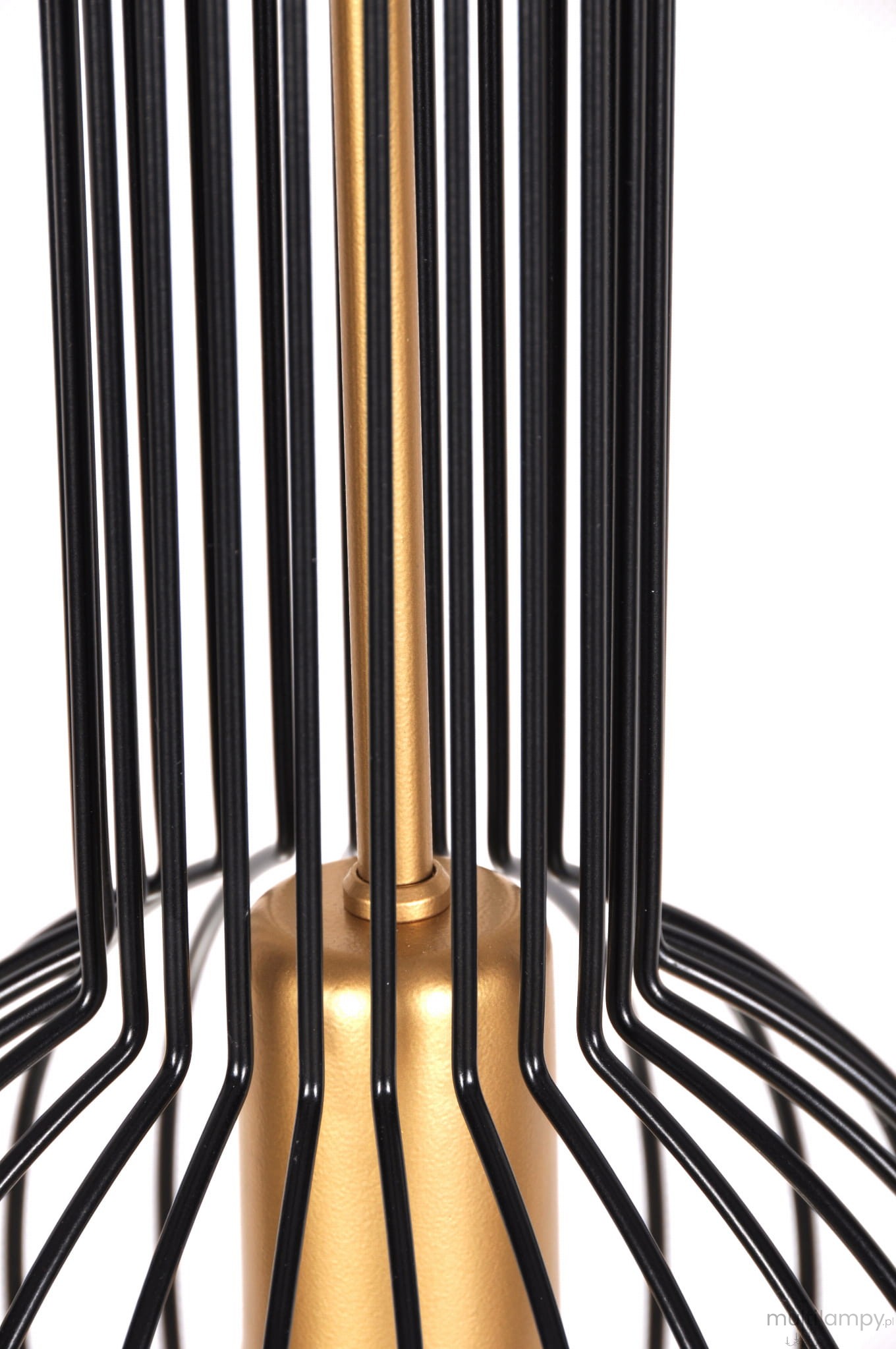 Lampa wisząca Arvi 3-punktowa w kolorze czarnym z metalowymi, cienkimi prętami oraz złotym elementem mocującym. Ujęcie z bliska, ukazujące detale konstrukcji. Produkt przeznaczony do nowoczesnych wnętrz.