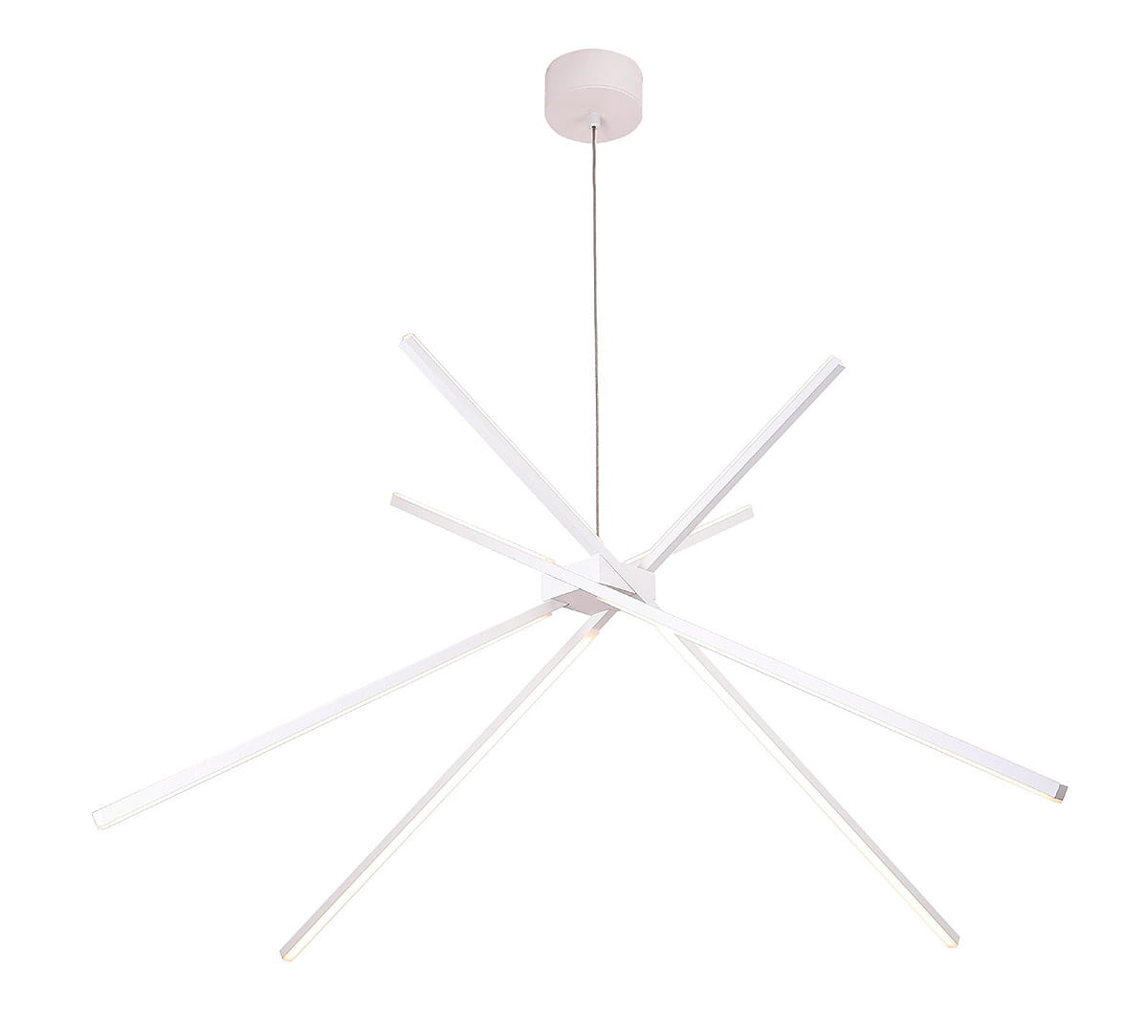 Lampa wisząca Spider LED w kolorze białym, 3-punktowa, z nowoczesnym designem. Składa się z kilku prostokątnych elementów rozmieszczonych promieniście. Ujęcie z dołu, zawieszona na cienkim przewodzie z sufitu. Idealna do nowoczesnych wnętrz.