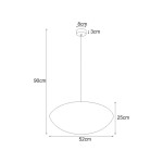 Czarna lampa wisząca Tizi D52 z pojedynczym punktem świetlnym. Owalny klosz o wymiarach 52 cm długości i 25 cm szerokości, zawieszony na cienkim przewodzie o długości 90 cm. Sufitowa osłona o średnicy 8 cm i grubości 3 cm.