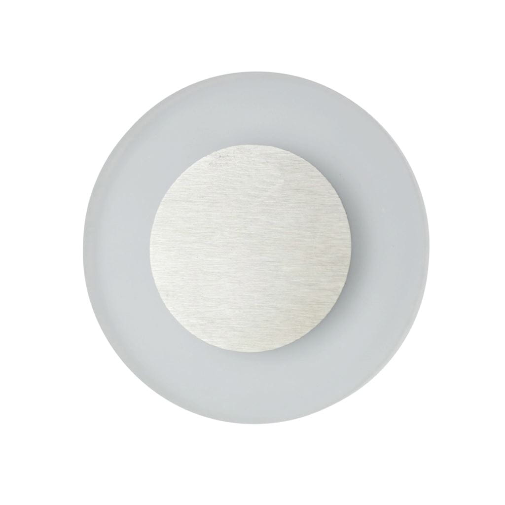 Oti LED oprawa schodowa 230V z okrągłym kloszem w kolorze szarym i metalowym wykończeniem. Neutralna barwa światła 4000K. Produkt zamontowany w pozycji leżącej, widoczny z góry na jednolitym tle.