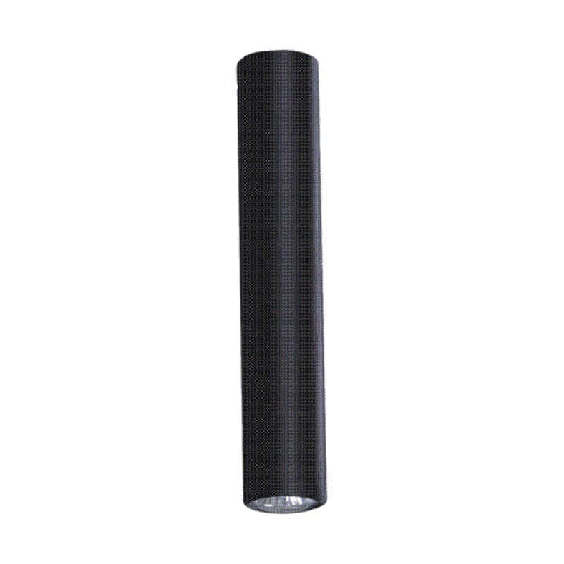 Lampa sufitowa Santi H30 w kolorze czarnym, o cylindrycznym kształcie, z pojedynczym punktem świetlnym. Ujęcie frontalne, produkt wiszący, z widoczną metalową powierzchnią i przezroczystą częścią u dołu. Tło proste, jednolite.
