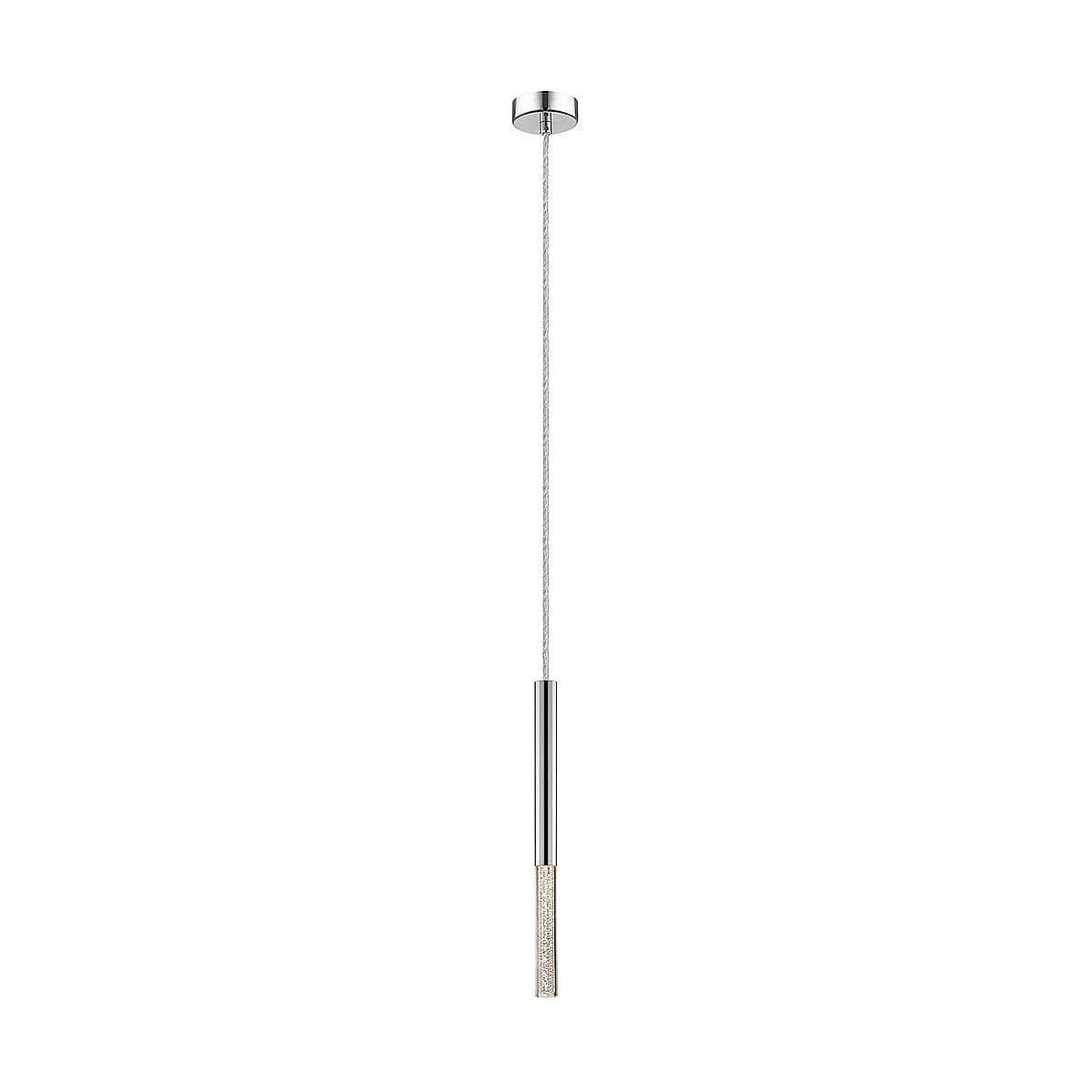 Lampa wisząca LED One, 1-punktowa, chromowana. Prosta, cylindryczna konstrukcja z przezroczystym kloszem, zawieszona na cienkim przewodzie. Widoczny metalowy uchwyt na suficie. Idealna do nowoczesnych wnętrz.
