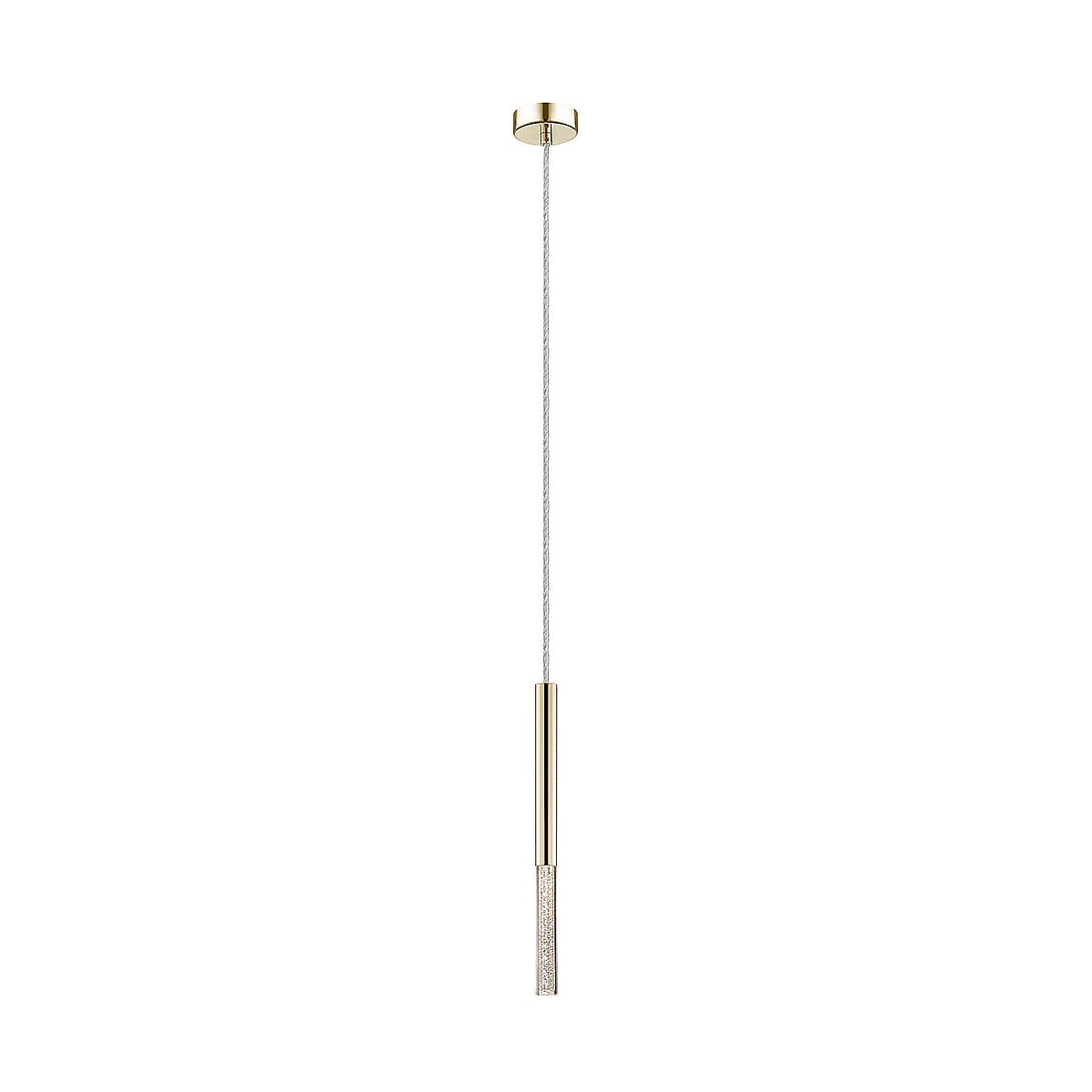 Lampa wisząca One LED 1-punktowa w kolorze złotym, z długim przewodem. W górnej części cylindryczne mocowanie, a na dole przezroczysta część z drobnymi zdobieniami. Produkt zawieszony w pionie na białym tle.