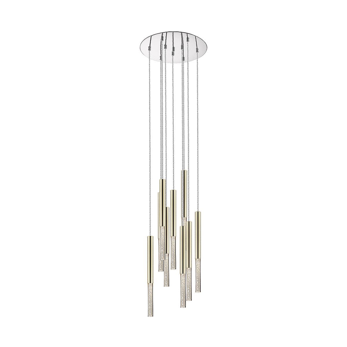 Wisząca lampa LED One, 9-punktowa, w kolorze złotym. Składa się z siedmiu cylindrycznych punktów świetlnych z metalicznym wykończeniem i zdobieniami w dolnej części. Wisi na cienkich, przezroczystych linkach z okrągłym, chromowanym mocowaniem sufitowym.
