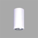 Lampa sufitowa Santi H10 w kolorze białym, cylindryczna, jedno-punktowa. Kąt ujęcia frontalny, produkt zamontowany na szarym tle. Widoczna metalowa oprawa z żarówką na dole, bez dodatkowych dekoracji. Idealna do minimalistycznych wnętrz.