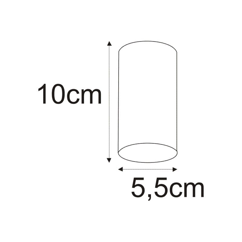 Lampa sufitowa Santi H10 w kolorze białym, cylindryczna, o wysokości 10 cm i średnicy 5,5 cm. Widok z góry, pokazujący wymiary. Prosty design, idealna do nowoczesnych wnętrz.