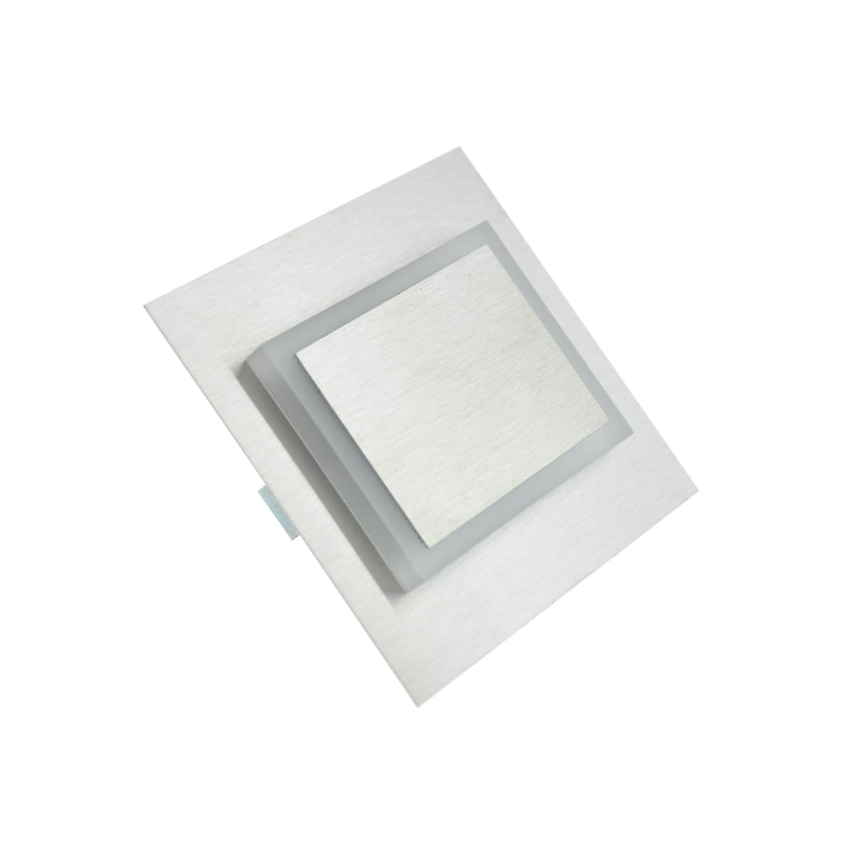 Oprawa schodowa Deco LED 230V o barwie zimnej 6500K, kwadratowa, z metalową, matową powierzchnią i mlecznym kloszem. Ujęcie z boku, pokazujące dwa poziomy, montowana w ścianie lub na schodach. Prosta, nowoczesna forma, idealna do oświetlenia wnętrz.