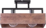 Brązowa lampa sufitowa Dakota z dwoma punktami świetlnymi, z drewnianym kloszem i metalowymi elementami w kolorze czarnym. Ujęcie frontalne, przedstawiające lampę w pozycji zamontowanej. Wymiary klosza i żarówek są widoczne.