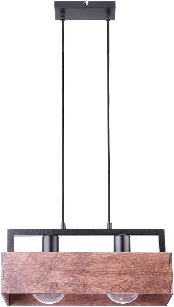 Brązowa lampa wisząca Dakota z dwoma punktami świetlnymi. Posiada prostokątną, drewnianą osłonę oraz metalowe detale w kolorze czarnym. Ujęcie frontalne, zawieszona na dwóch kablach. Idealna do nowoczesnych wnętrz.