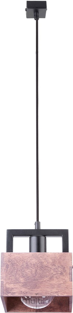 Brązowa lampa wisząca Dakota z 1 punktem świetlnym, zawieszona na czarnym przewodzie. Kwadratowa podsufitka, metalowy uchwyt oraz drewniana osłona lampy z widoczną żarówką. Ujęcie frontalne, minimalistyczny design.