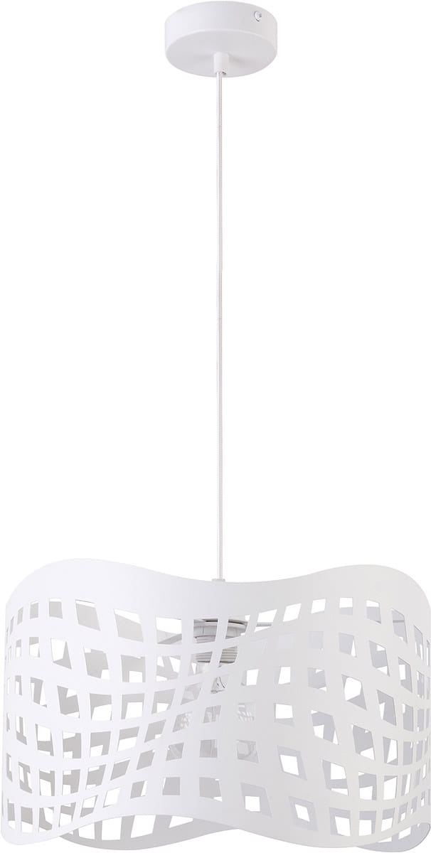 Lampa wisząca Moduł Sopot L w kolorze białym, z falującym abażurem o ażurowym wzorze. Zawieszona na cienkim przewodzie, z okrągłym mocowaniem sufitowym. Wnętrze lampy widoczne przez wzory, co może wpływać na rozpraszanie światła.