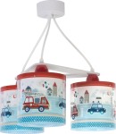 Lampa wisząca Police 3-punktowa 60614 z trzema cylindrycznymi kloszami w kolorze białym i niebieskim, zdobionymi grafikami pojazdów strażackich i policyjnych. Utrzymana w nowoczesnym stylu, zawieszona na białym stelażu.