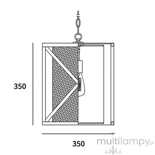 Lampa wisząca New York 1-punktowa w formie kwadratu o wymiarach 350x350 mm. Posiada metalową konstrukcję z siatką w centralnej części, zawieszona na łańcuchu. Ujęcie z boku, ukazujące detale oraz kształt.