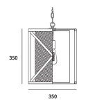 Lampa wisząca New York 1-punktowa w formie kwadratu o wymiarach 350x350 mm. Posiada metalową konstrukcję z siatką w centralnej części, zawieszona na łańcuchu. Ujęcie z boku, ukazujące detale oraz kształt.