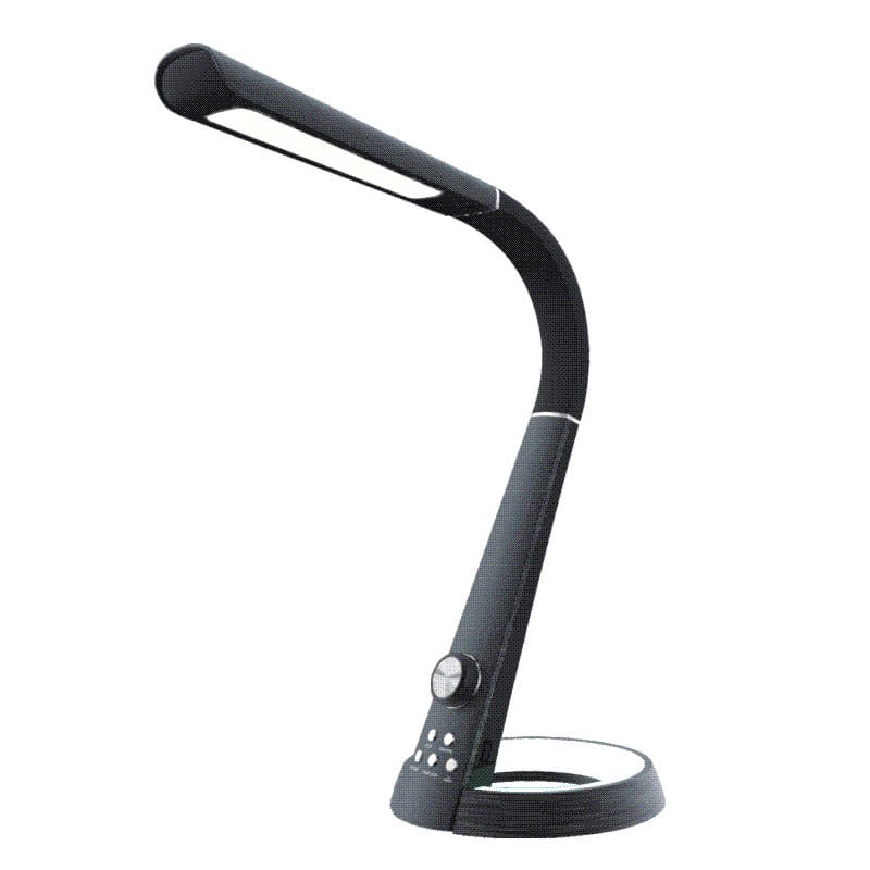 Czarna lampka biurkowa Berkan K-BL-1063 z LED, o smukłej, zakrzywionej konstrukcji. Ujęcie z boku, z widocznym włącznikiem i przyciskami na podstawie. Lamka ma płaski klosz, zapewniający równomierne oświetlenie.
