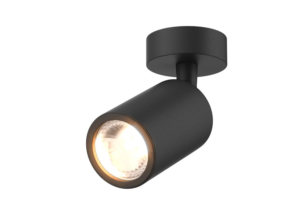 Czarna lampa sufitowa Tori SL3 z jednym punktem świetlnym, o cylindrycznym kształcie. Ujęcie z boku ukazuje teksturowaną powierzchnię i szklany klosz z widoczną żarówką. Montowana na suficie, idealna do oświetlenia wnętrza.