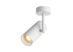 Biała lampa sufitowa Tori SL2 (spot) o pojedynczym punkcie świetlnym, cylindryczna obudowa z matowego metalu, zamontowana na okrągłej podstawie. Widok z boku, ukazujący źródło światła wewnątrz lampy.