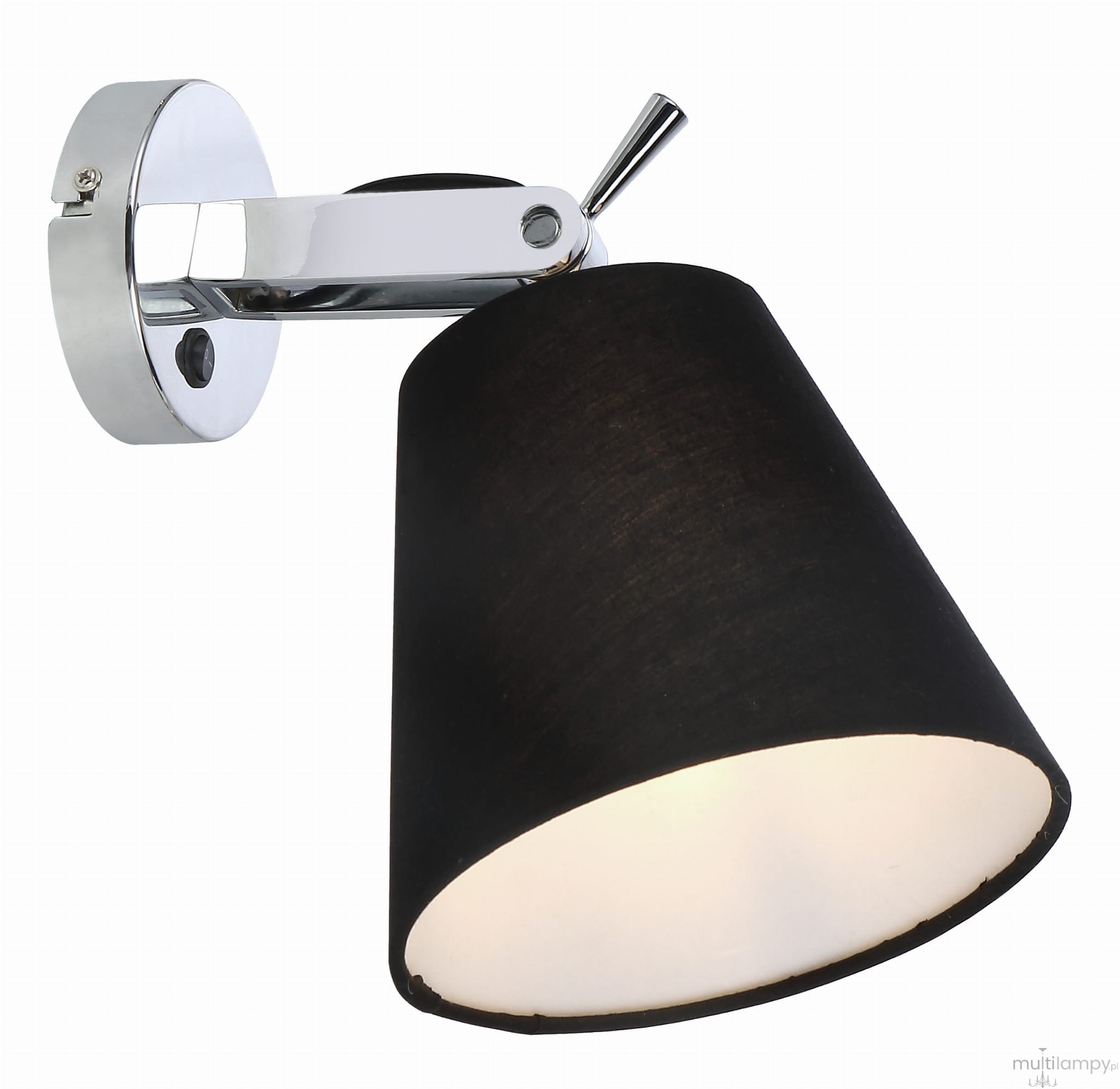 Kinkiet Bali 1-punktowy LP-5031/1W BK o czarnym abażurze w kształcie stożka i chromowanej podstawie. Ujęcie z boku, pokazujące detal konstrukcji oraz źródło światła wewnątrz abażura. Prosty, nowoczesny design, idealny do wnętrz.