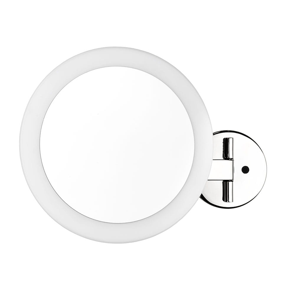 Belli LED kinkiet-lusterko 1-punktowy, okrągłe, z białym podświetleniem, montowane na ścianie. Metalowa, chromowana podstawka. Produkt w pozycji poziomej, na jasnym tle, bez widocznych napisów lub logo. Idealny do łazienek, odporny na wilgoć (IP44).