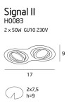 Oprawa do zabudowy Signal H0083, dwupunktowa, o wymiarach 17 cm x 9 cm. Przeznaczona dla dwóch żarówek GU10, o maksymalnej mocy 50W. Kształt owalny z gładką powierzchnią, bez dodatkowych zdobień.