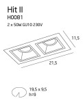 Oprawa do zabudowy Hit H0081 z dwoma punktami świetlnymi, wymagana moc 2 x 50W GU10, wymiary 21,5 cm x 11,5 cm. Prosty kształt prostokątny z zaokrąglonymi detalami. Idealna do montażu w sufitach podwieszanych.