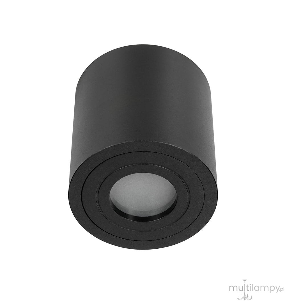 Rullo Nero lampa sufitowa 1-punktowa IP44 w kolorze matowym czarnym, cylindryczny kształt, z widoczną soczewką na dole. Ujęcie frontalne, produkt zamontowany na suficie, idealny do użytku wewnętrznego i zewnętrznego.