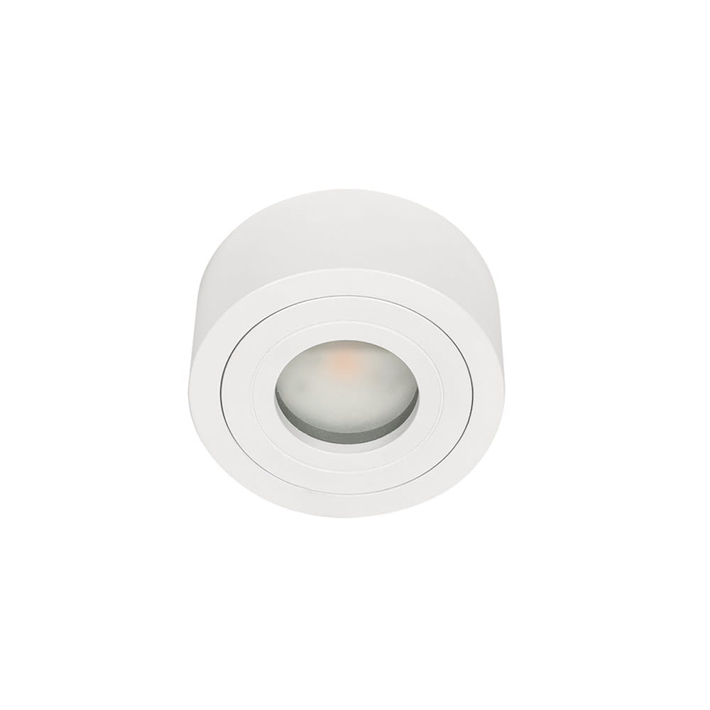 Biała, okrągła lampa sufitowa Rullo Bianco Mini LED, 1-punktowa. Wbudowana soczewka z przezroczystym kloszem, o lekkiej, matowej fakturze. Ujęcie frontalne, zamontowana na suficie, przeznaczona do użytku wewnętrznego i zewnętrznego (IP44).