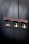 Lampa wisząca Milan 3-punktowa w brązowej kolorystyce, z drewnianym wspornikiem i trzema kloszami w formie metalowych siatek. Zawieszona na dwóch czarnych przewodach, idealna do nowoczesnych wnętrz.